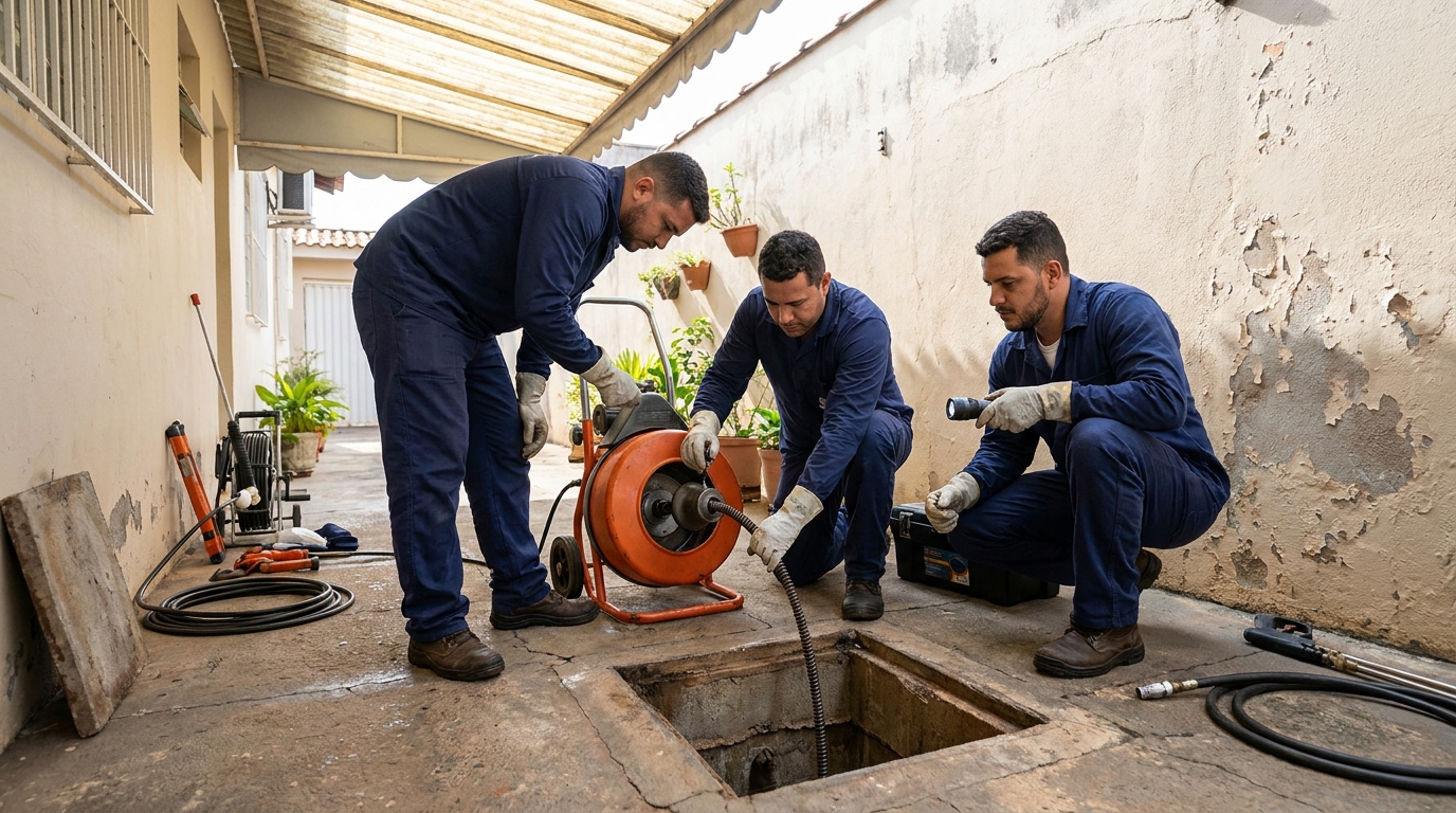 Desentupimento de esgoto com hidrojateamento em Bauru‑SP