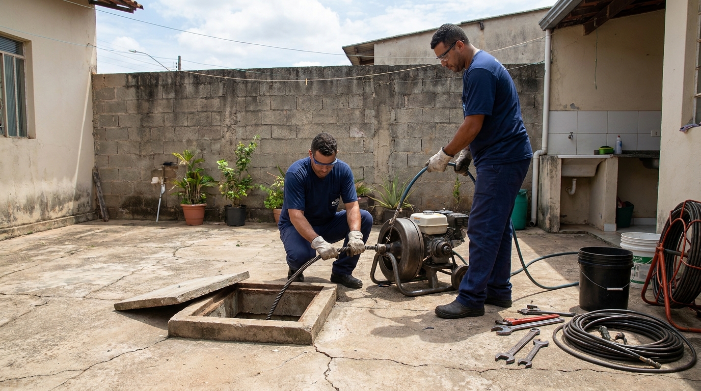 Desentupimento de esgoto residencial em Bauru‑SP