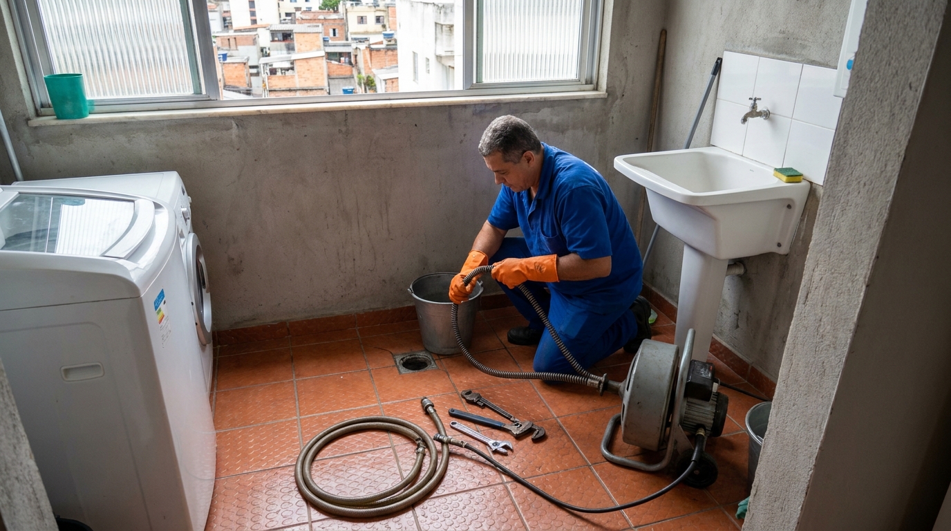 Desentupimento de ralo com equipamento em Bauru‑SP