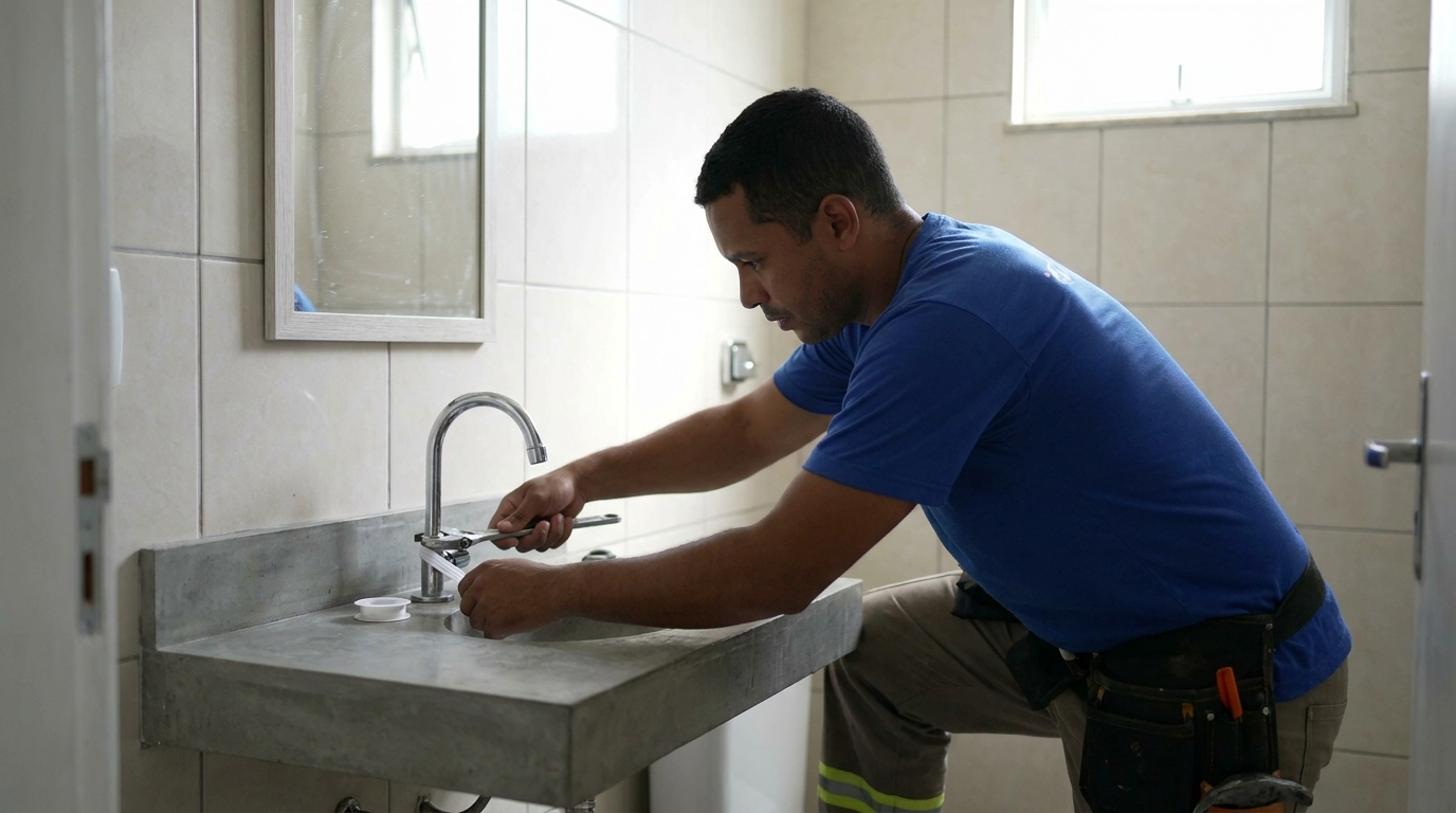 Encanador instalando torneira em Bauru‑SP