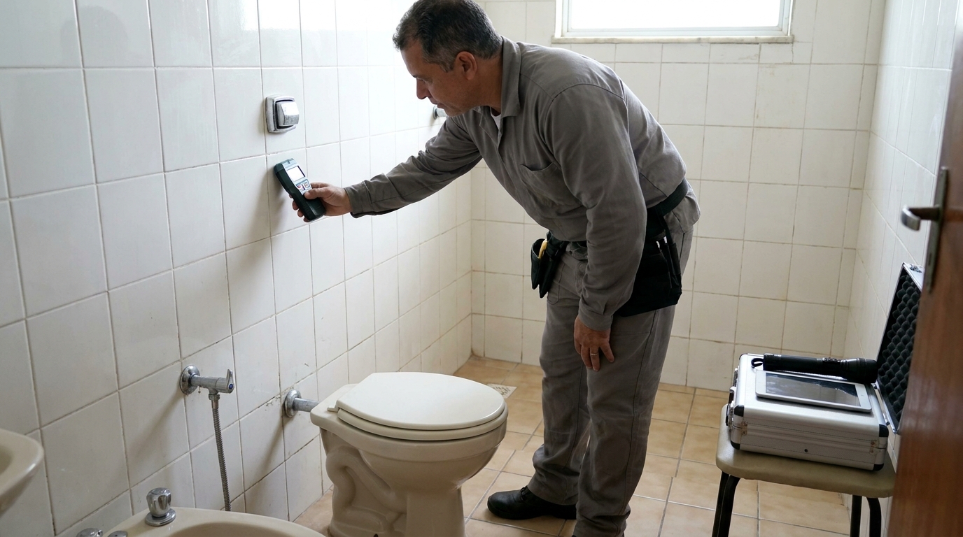 Técnico de caça vazamento analisando tubulação em Bauru‑SP