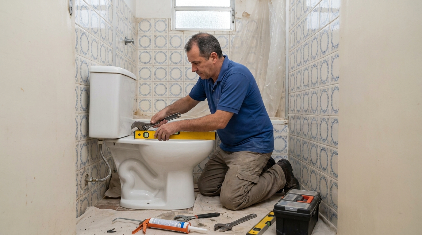 Técnico instalando vaso sanitário em Bauru‑SP